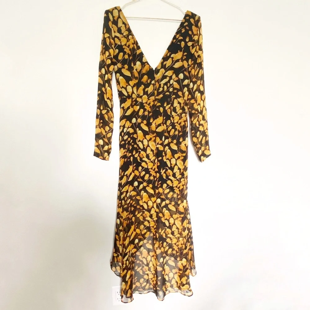Sau Lee Michella Leaf Print Midi Dress Plunge Black Marigold Spring Boho Size 2 - Picture 6 of 15